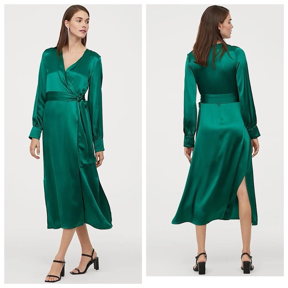 H&M Satin Wrap Front Dress Womens Sz 4 Green Long‎ Sleeve Side Slits Formal NWT
